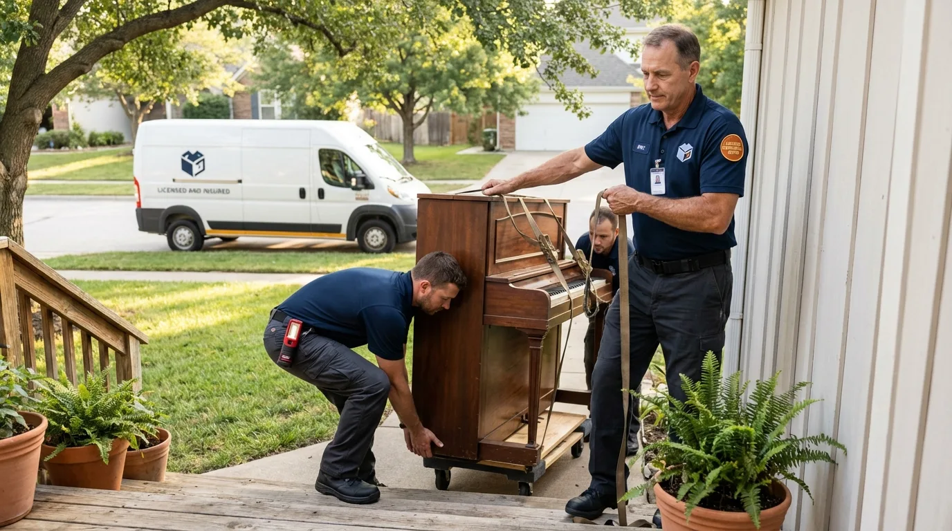 Licensed piano movers securing grand piano in Albany, MN
