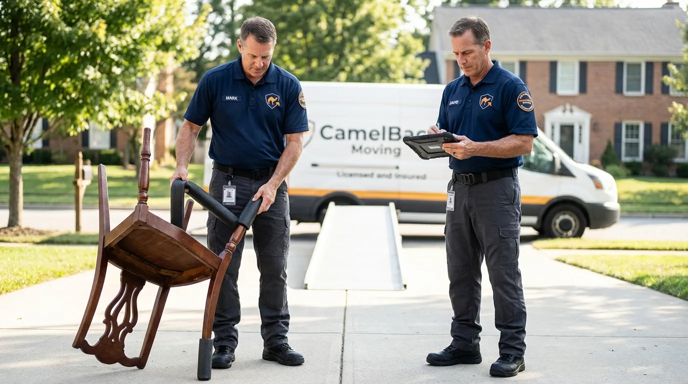 Movers inspecting furniture for damage prevention before loading in Albany, MN